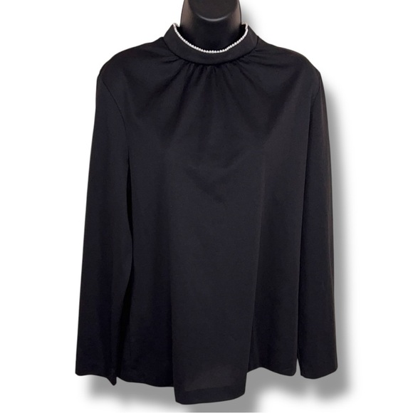 Vintage Ko Ko Knit Black Mock Neck Blouse Long Sleeve High Collar Pearl Accent - Picture 1 of 12